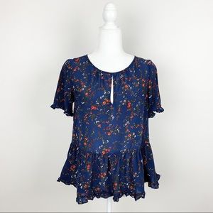 Madewell Navy Floral Size Extra Small Short Sleeve Peplum Silk Top